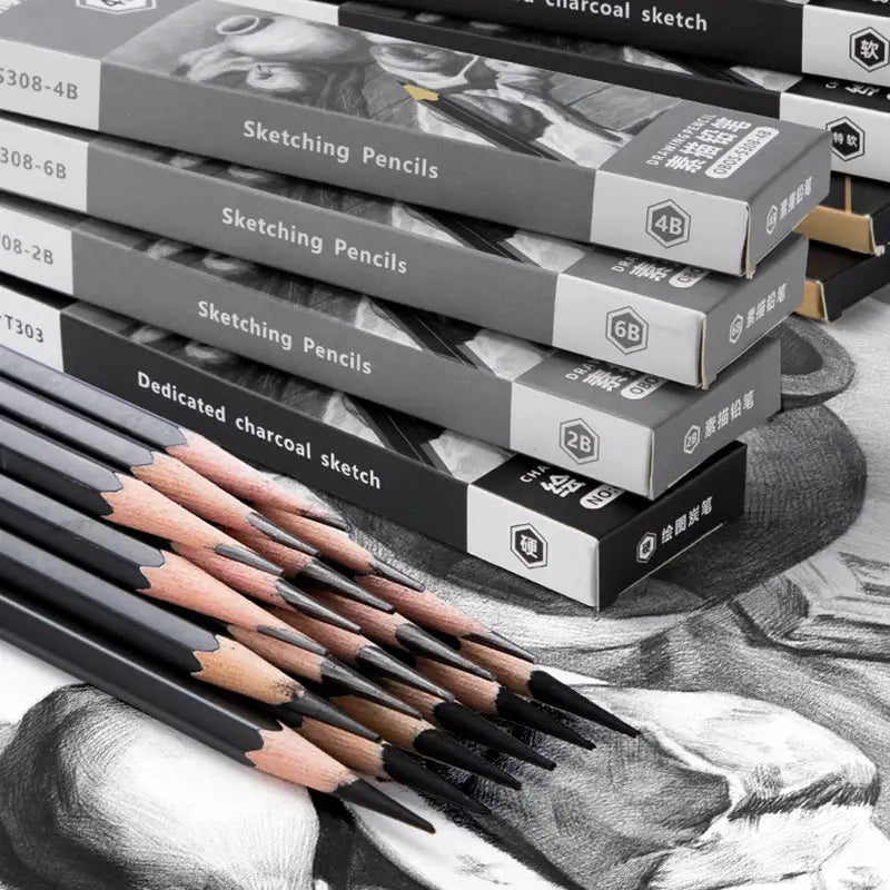 Simples Market professional sketch pencils set with graphite & charcoal, 2H-14B, boxed and stacked