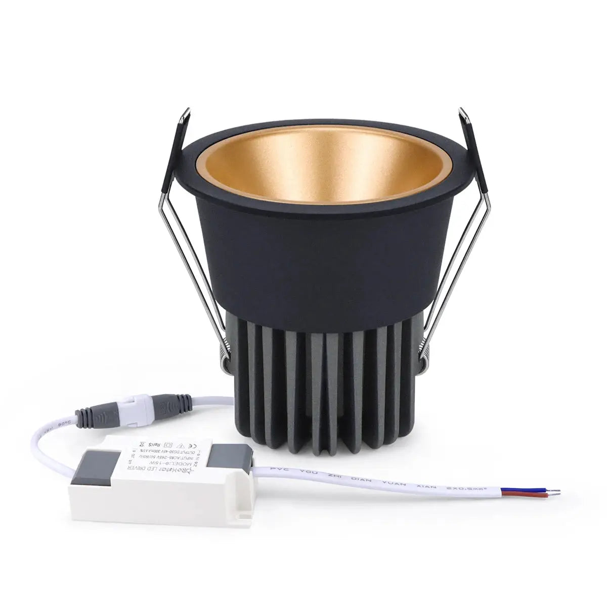 Aluminum LED recessed spotlight downlight with black housing and gold reflector, with driver
