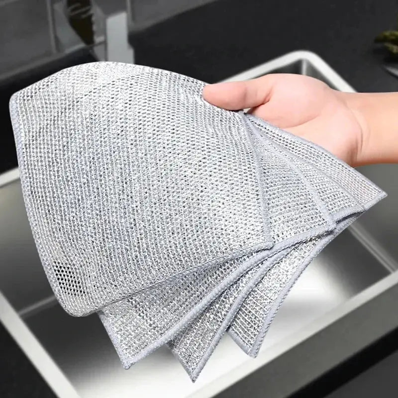 Simples Market silver steel wire dishwashing cloths, double-sided scrubber rags, 4-pack.