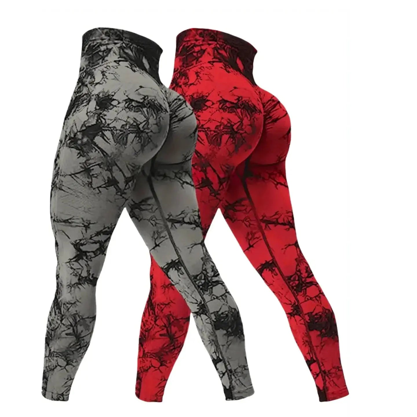 2-pack women's high-waisted seamless yoga leggings in grey marble and red marble patterns, butt-lifting and breathable.