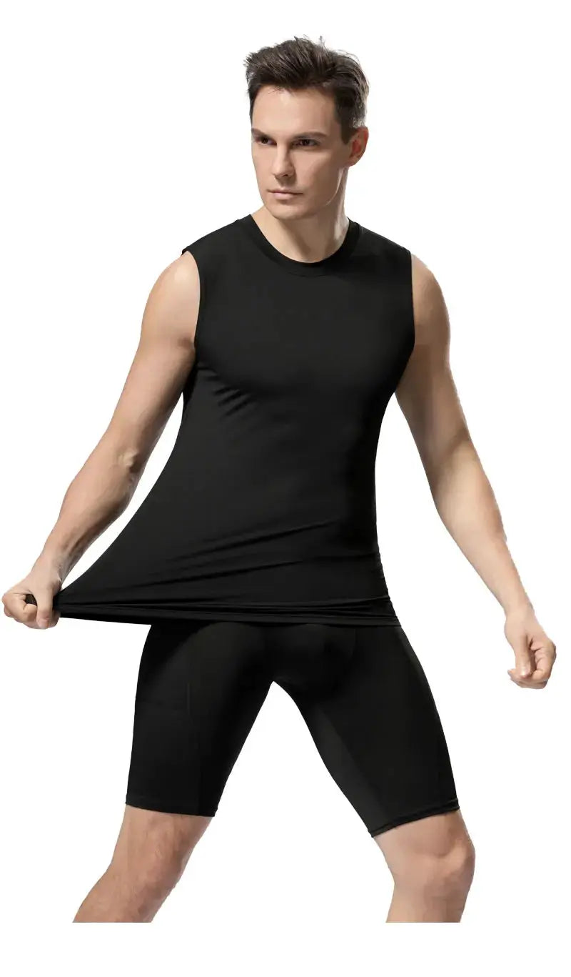 Men's black compression tank top sleeveless gym shirt with quick-dry fabric