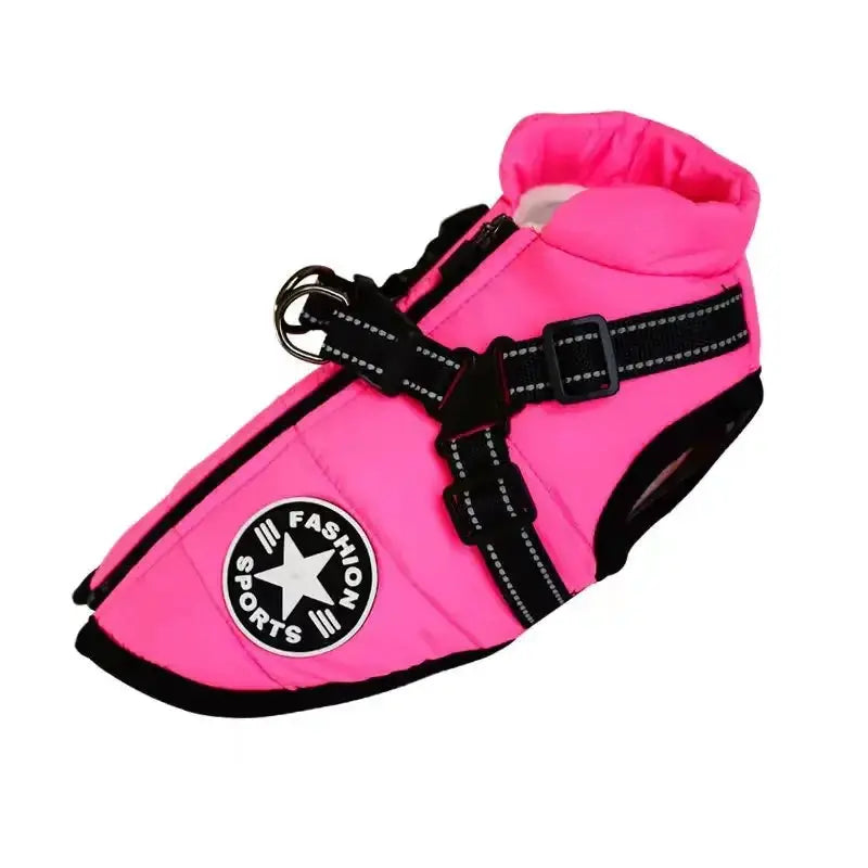Large pink dog jacket with harness by Simples Market; waterproof winter coat for big dogs