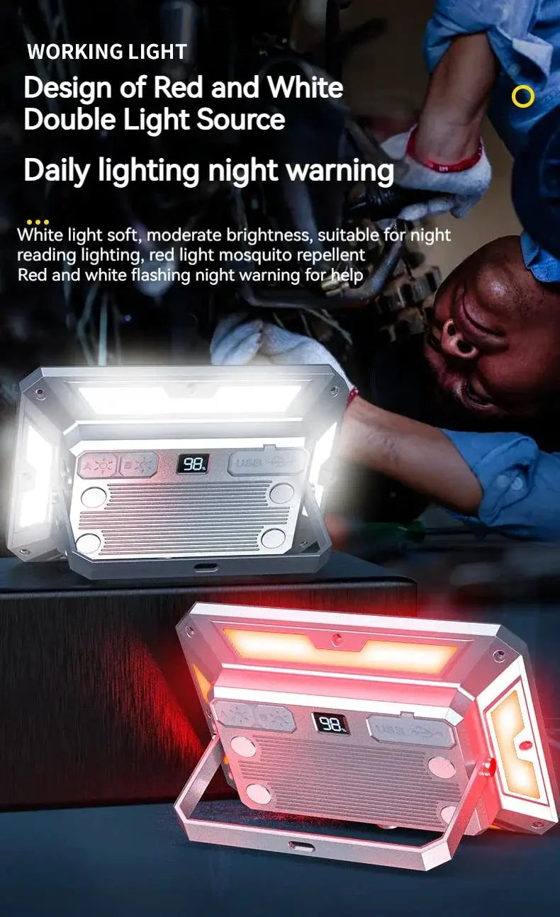LED camping tent light, metallic silver, rechargeable searchlight; waterproof portable two-pack with USB port and hanging handle