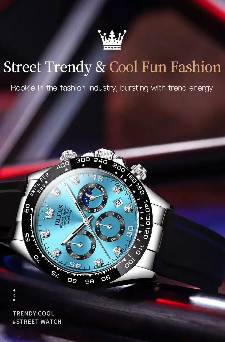 OLEVS 2875 men's quartz chronograph watch with blue dial, moon phase, and silicone strap