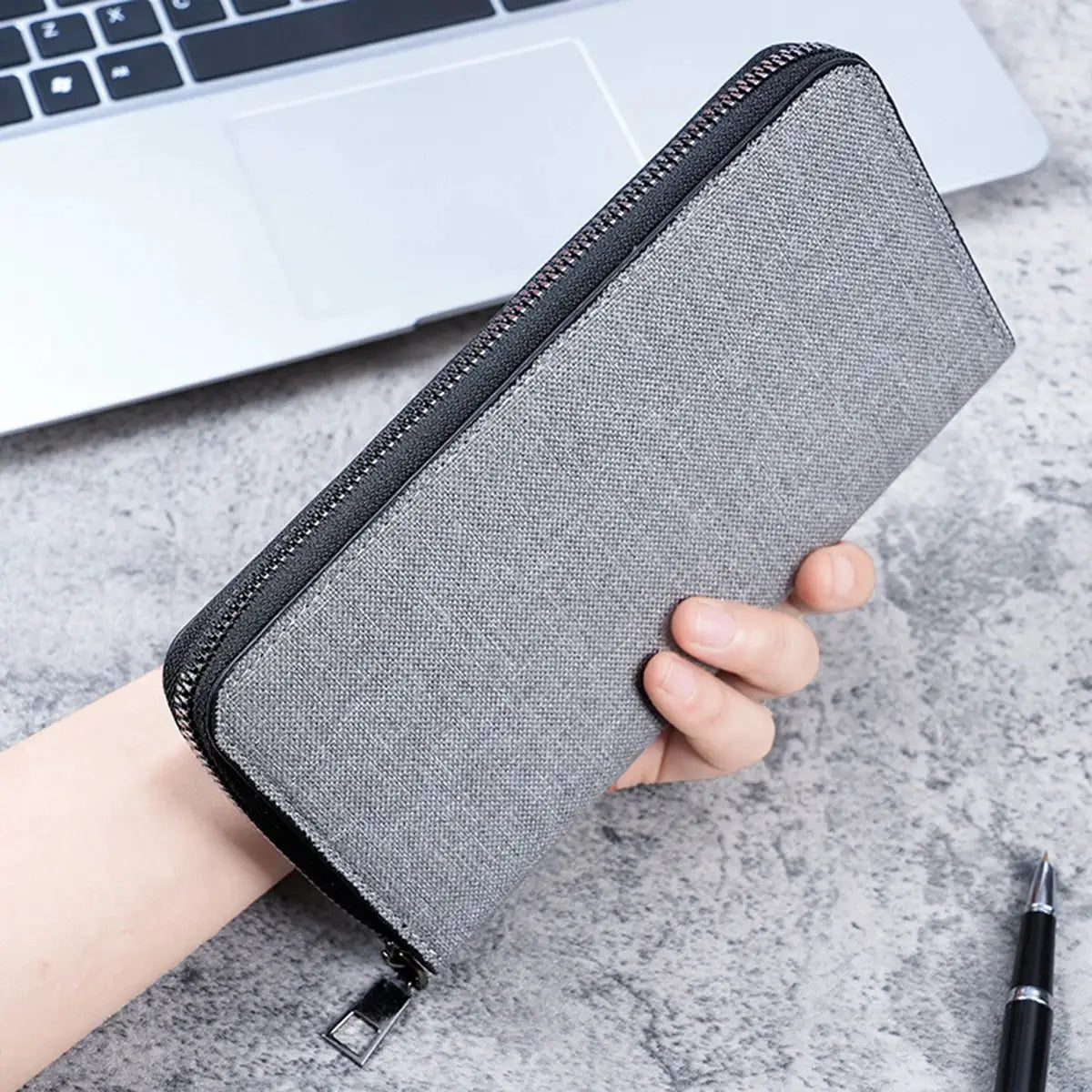 Men's long gray canvas wallet with zipper, large capacity and multiple card slots