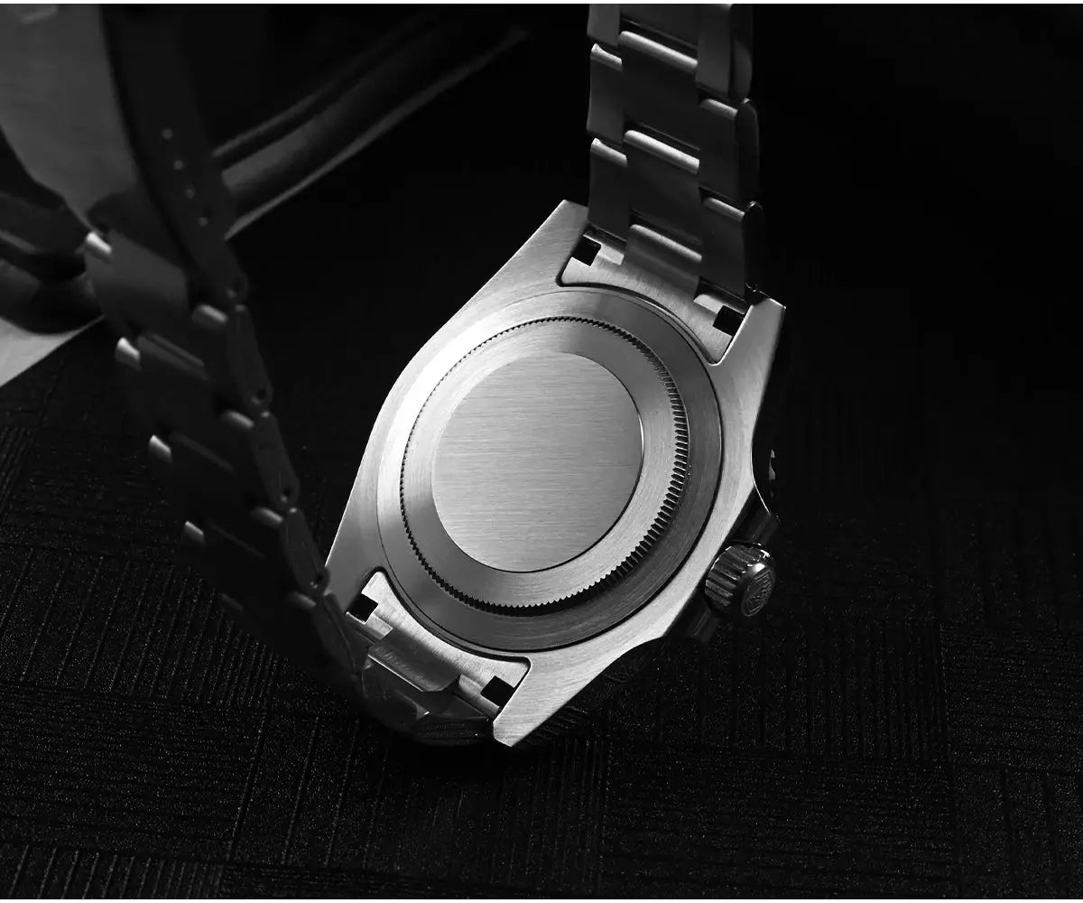San Martin New 40mm Water Ghost Diver watch back view with stainless steel bracelet