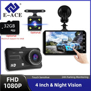E-ACE 1080P B12 Dash Cam by Simples Market, black car DVR with 4-inch touchscreen and optional 32GB microSD.