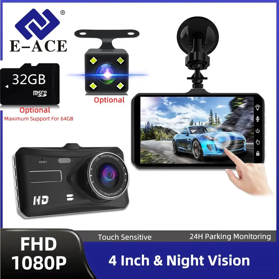 E-ACE 1080P B12 Dash Cam by Simples Market, black car DVR with 4-inch touchscreen and optional 32GB microSD.