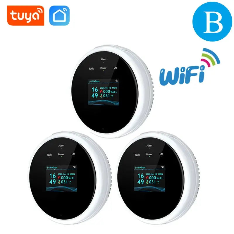 Three Tuya WiFi gas detectors with white circular housings and black LED displays.