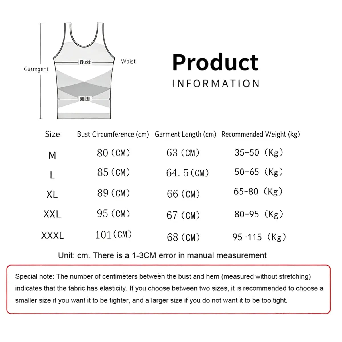 Simples Market men's compression undershirt size chart with bust, waist and length measurements (M to XXXL).