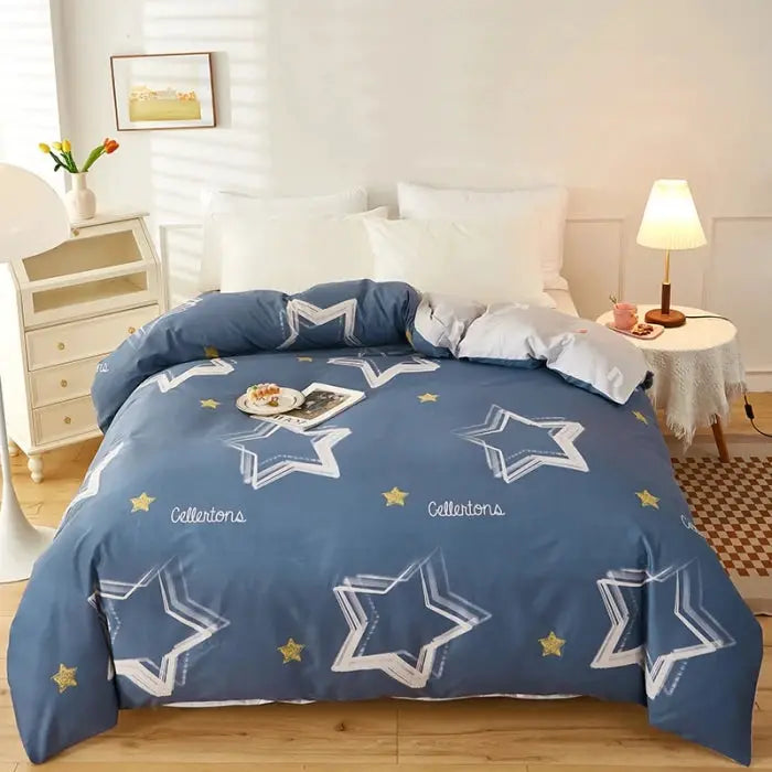 3pc 100% cotton duvet cover set in blue star print; includes 1 duvet cover and 2 pillowcases