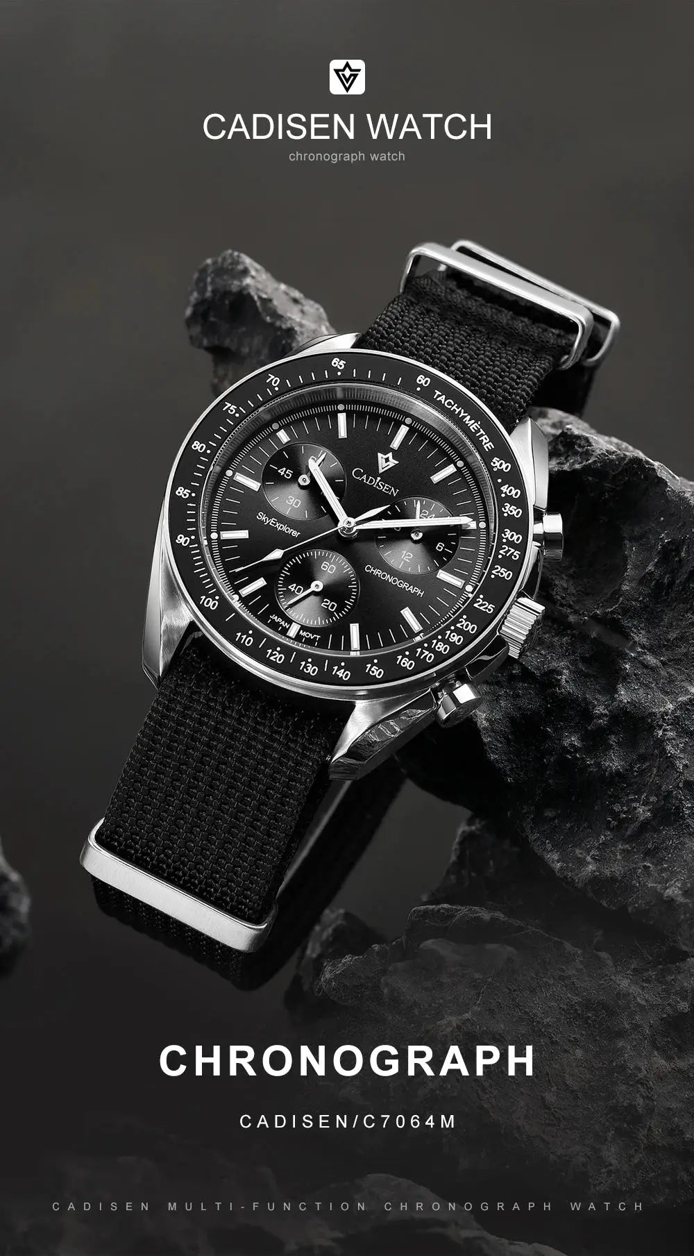 CADISEN chronograph watch for men with black dial, tachymeter bezel, silver case and canvas strap