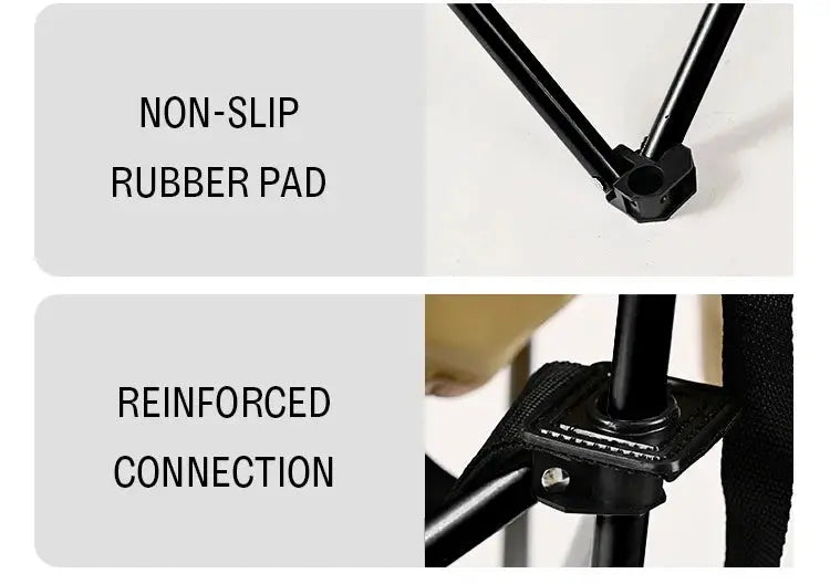 Simples Market outdoor folding moon chair with non-slip rubber pad and reinforced connection.
