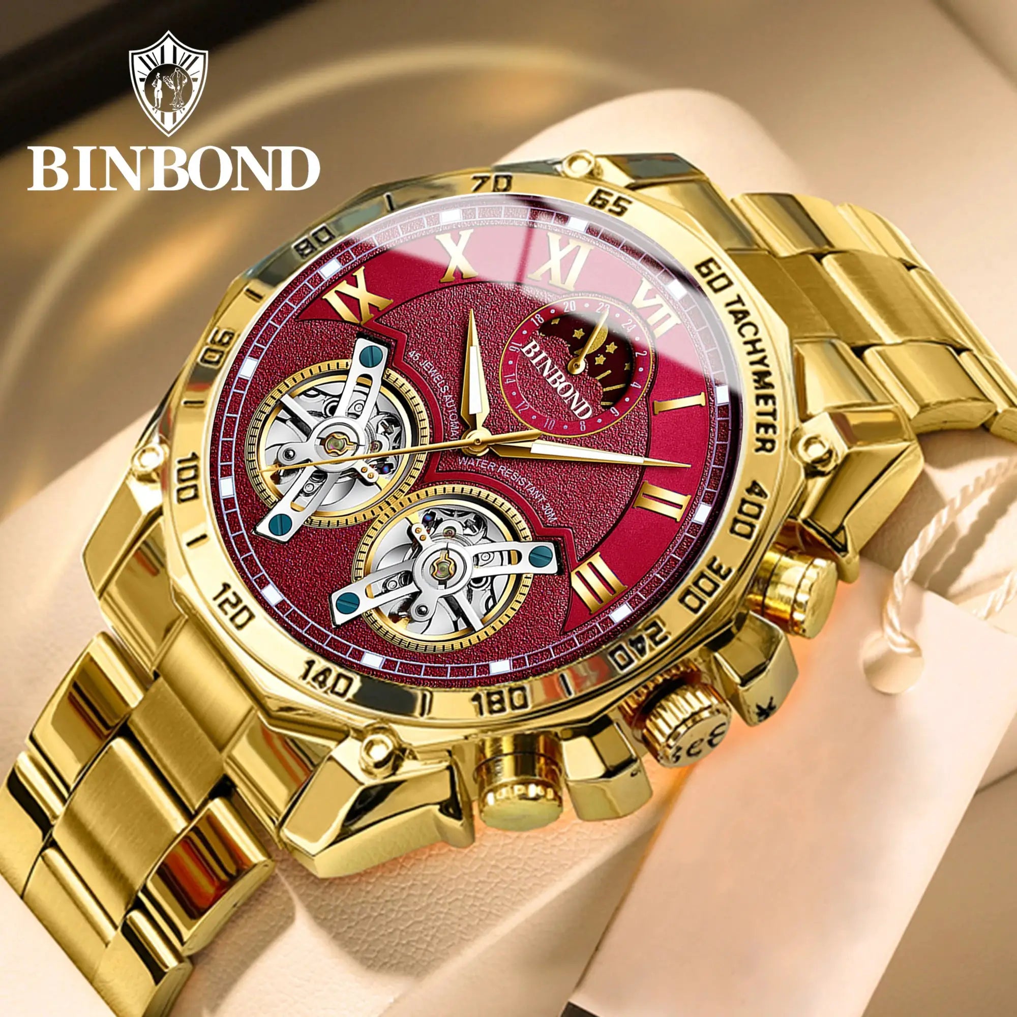 BINBOND luxury men's quartz wristwatch with a gold-tone metal band and red dial featuring skeleton movement