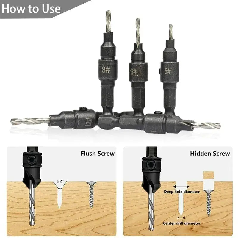 5 Piece Woodworking Taper Hex Shank Countersunk Drill Bit Set For Flush Screw Heads