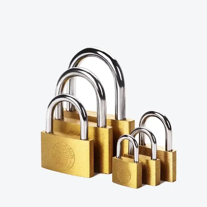 Simples Market brass padlock set; five locks with silver shackles in sizes 20–50 mm for luggage and lockers