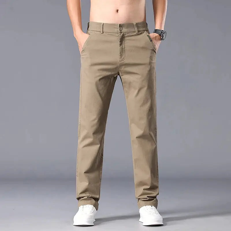 Men's casual straight-fit khaki chinos with stretch fabric for work and business wear