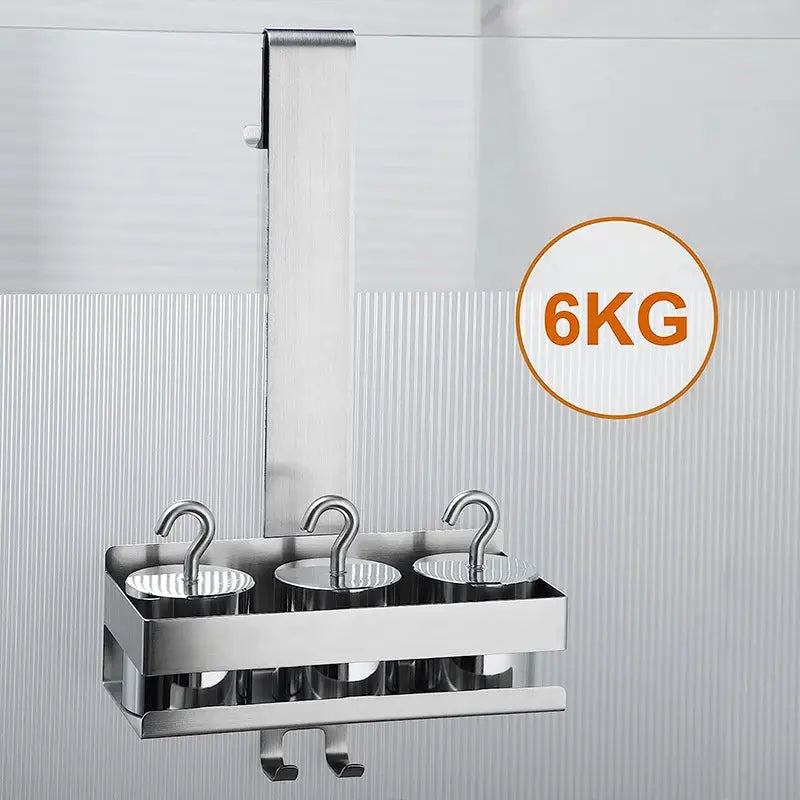Movable stainless steel bathroom shelf organizer with three canisters and hooks for shower storage