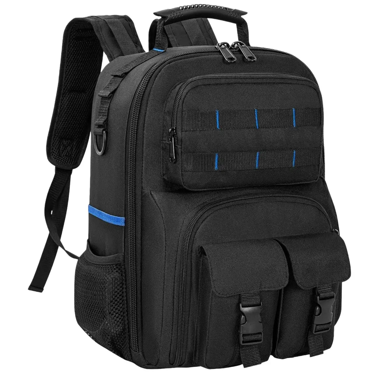 Tool Backpack by Simples Market, black bag with blue accents, padded shoulder straps, removable organizer