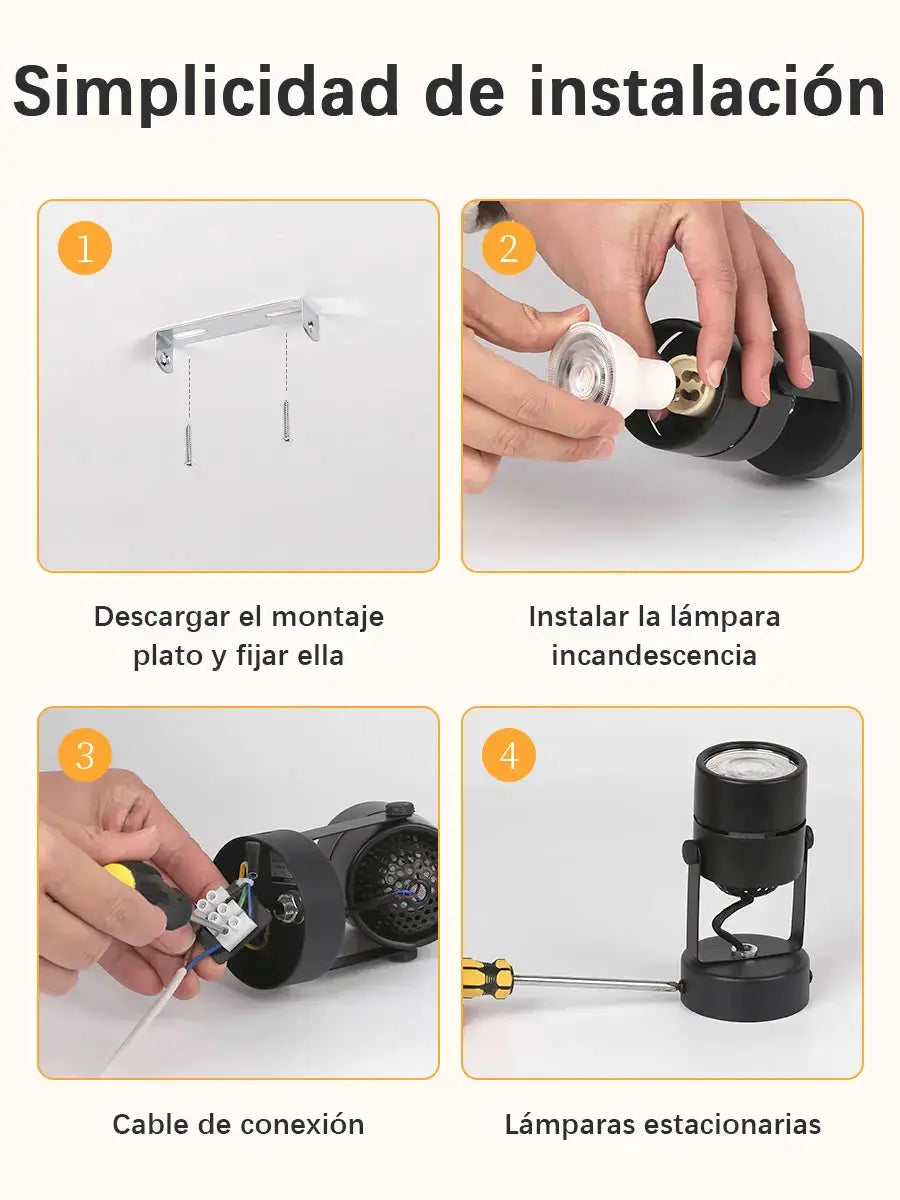 LED ceiling spot lamp, black, installation guide in four steps: mount bracket, insert bulb, wire, stand lamp