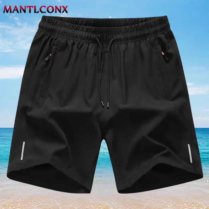 Men's black gym shorts; breathable quick-drying fabric with drawstring, Mantlconx logo.