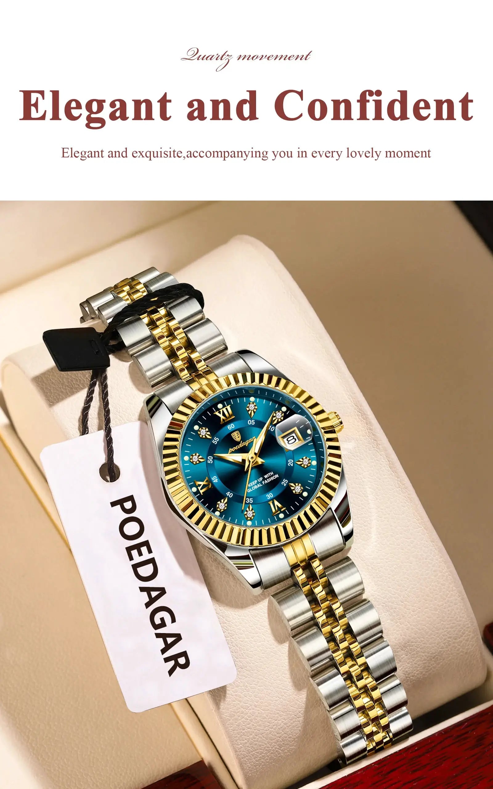 POEDAGAR women's luxury watch; stainless steel two-tone bracelet, blue dial, date window, luminous markers, waterproof quartz