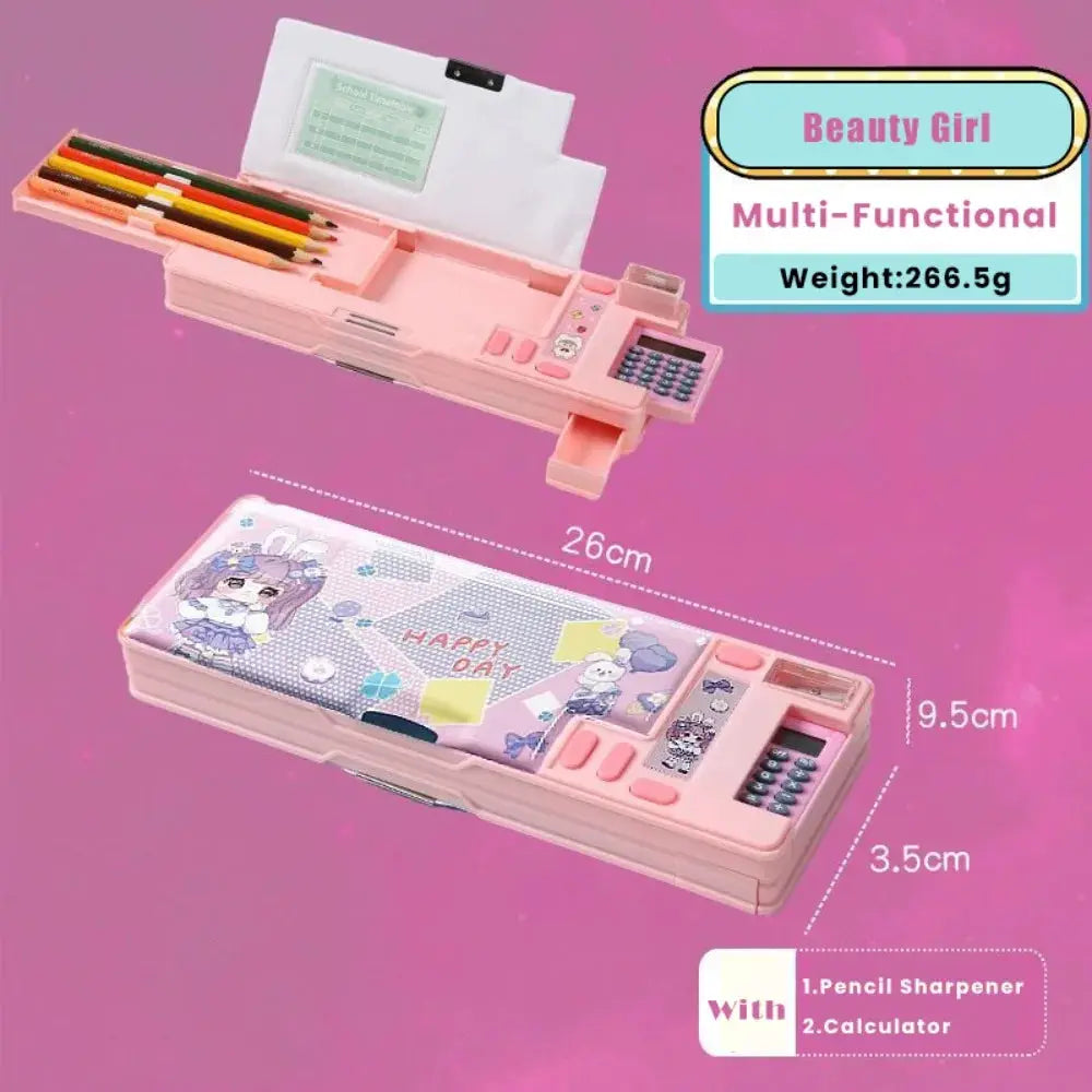 Simples Market pink plastic pencil case with built-in calculator and pencil sharpener; double-sided multifunction design