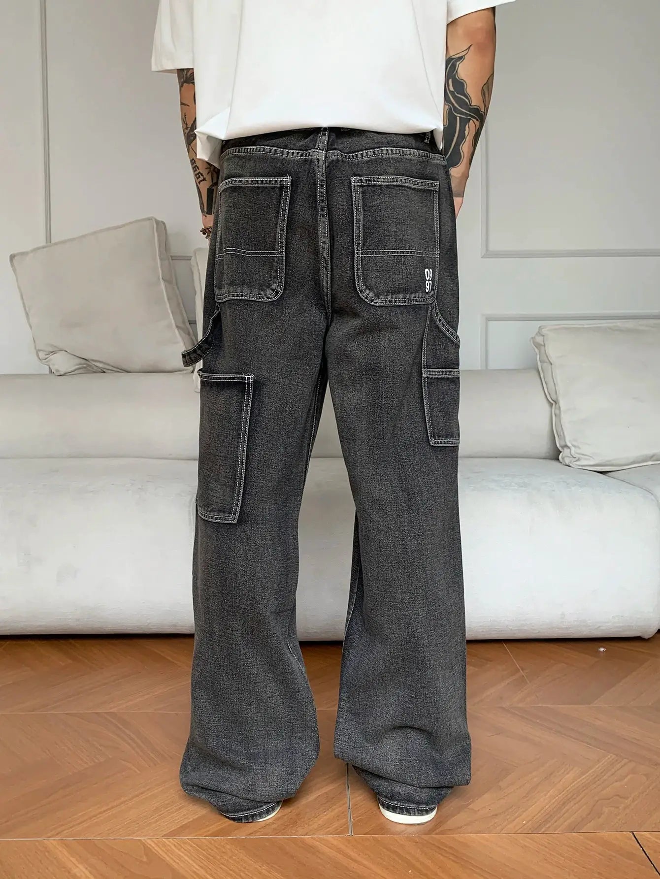 Liys retro black men’s work jeans with cargo pockets, straight-leg denim