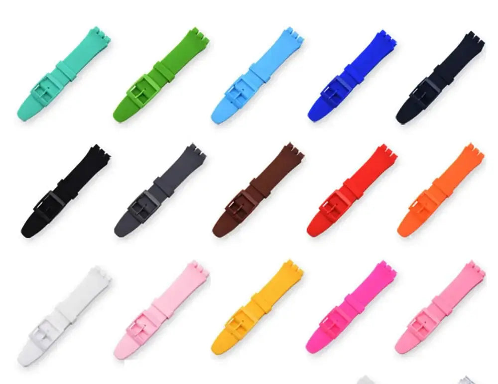 Swatch-compatible silicone watch bands set in 20 colors for 16–20mm sport replacement straps