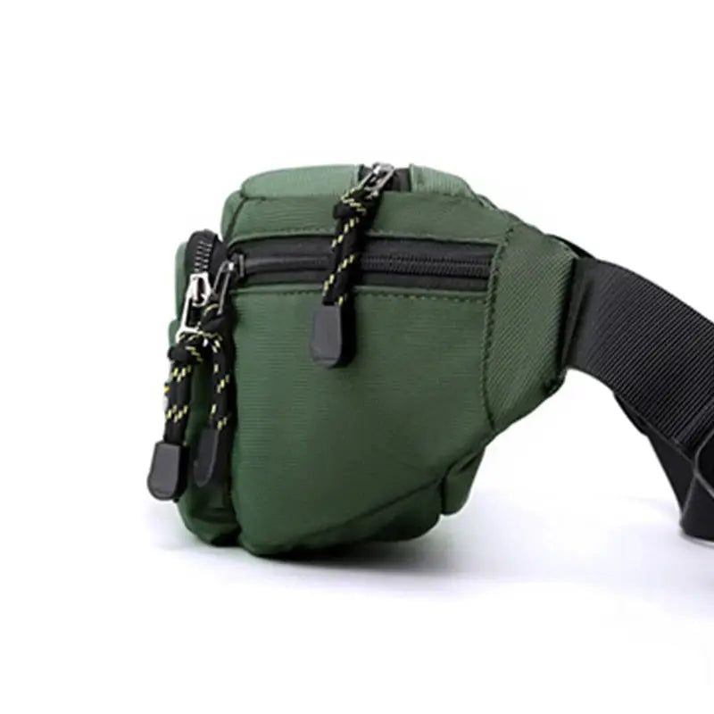 Men's green nylon waist fanny pack with multiple zip pockets and adjustable strap