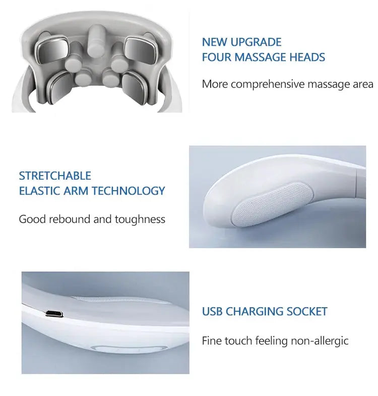 Vibration neck massager with four massage heads and USB charging port.