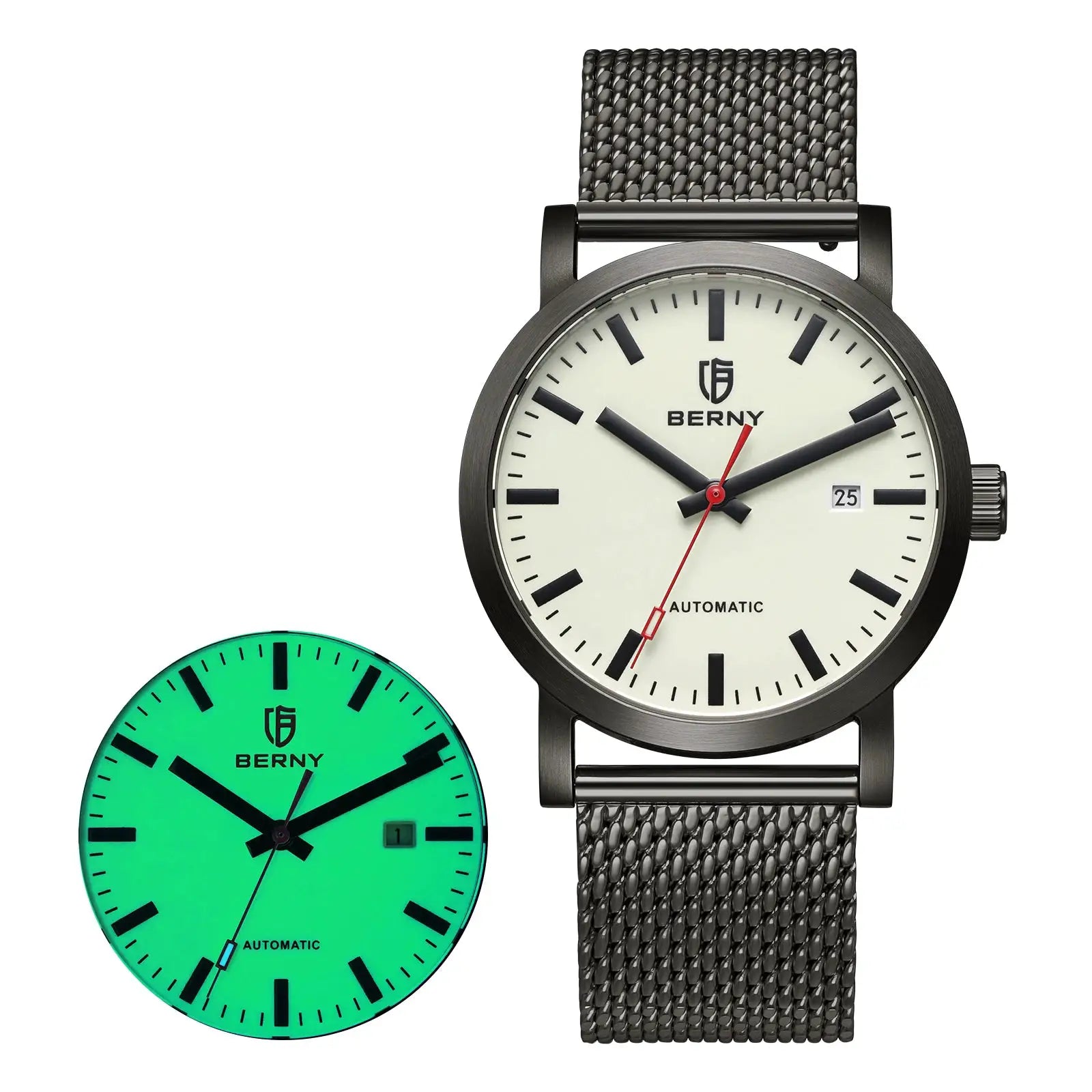 BERNY men's automatic wristwatch with a mesh band; white dial and green variant (3 watches shown)