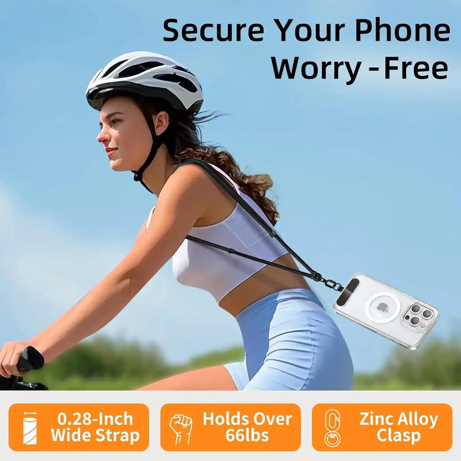 Black universal adjustable phone lanyard crossbody strap with metal clip attached to a phone case