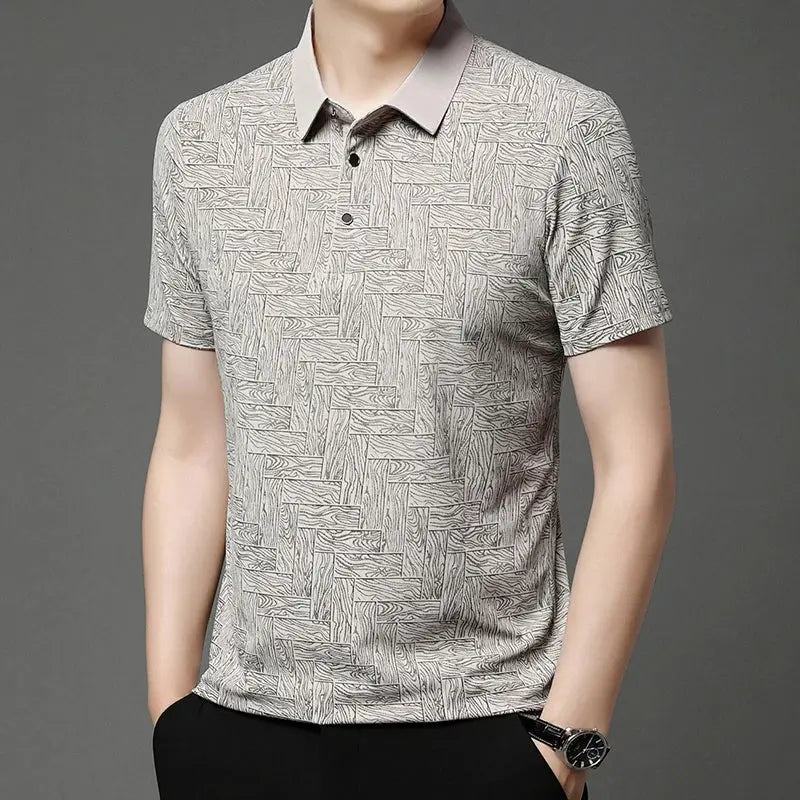 Simples Market men's polo shirt with light gray abstract geometric pattern, short sleeves