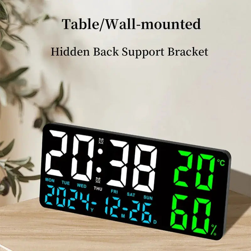 Simples Market large digital wall/table clock with 7-color mood light, blue time digits and green temp/humidity readouts