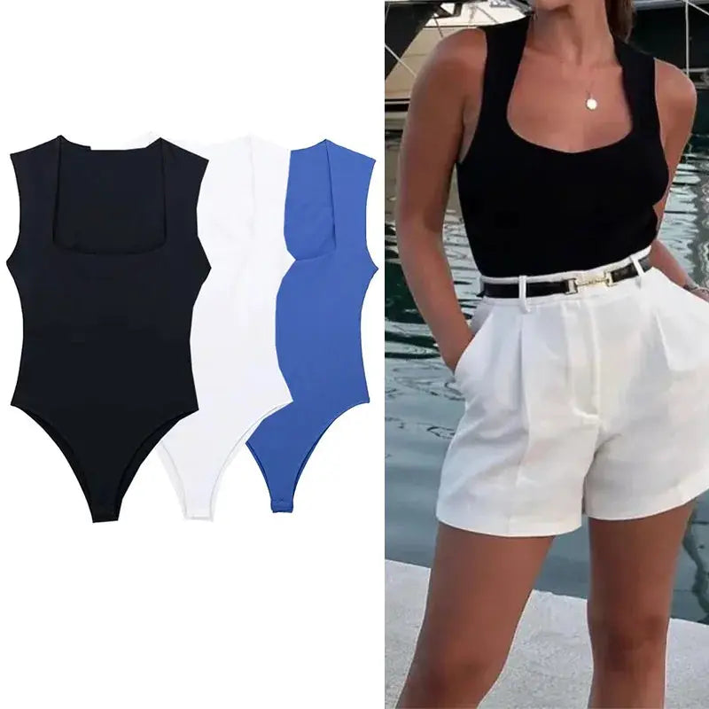 Mujer Black Square Neck Sleeveless Bodysuit Slim Fit Bodycon Lingerie Top For Summer