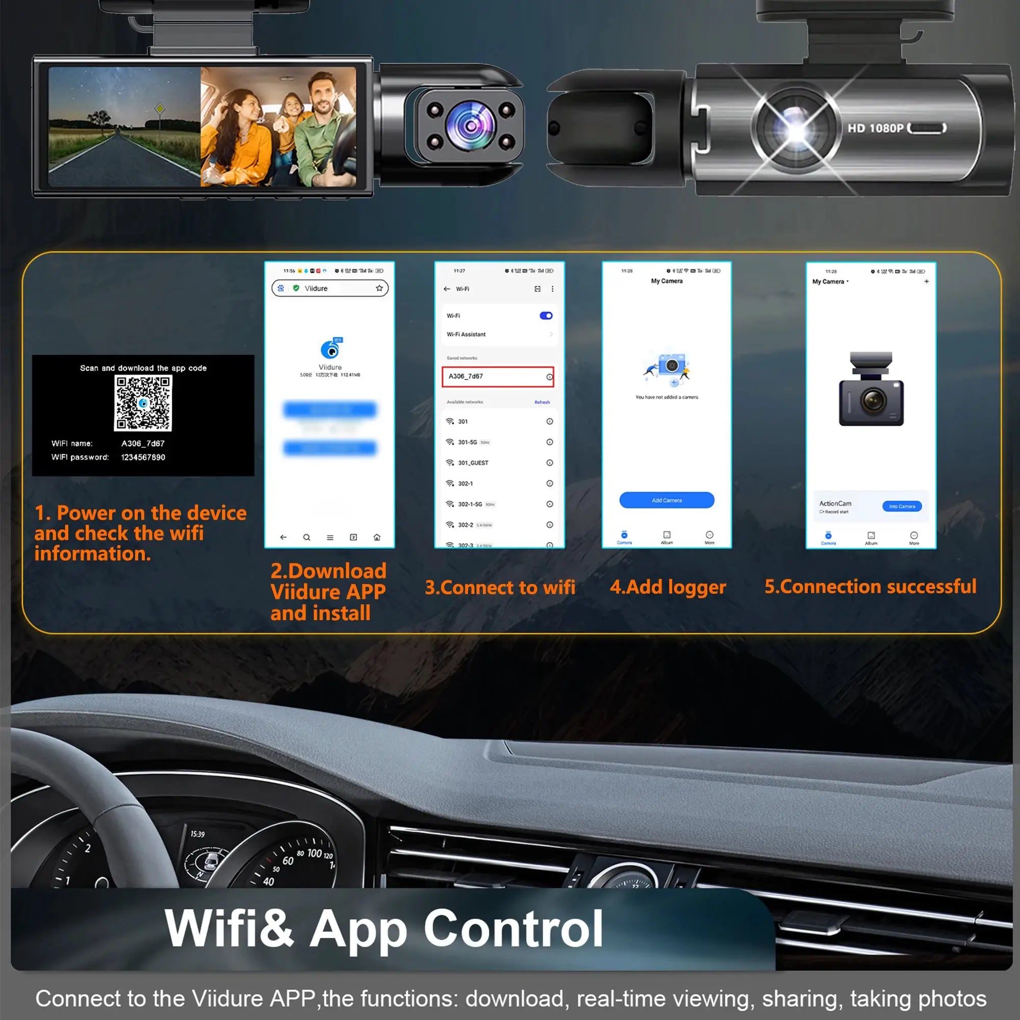 Simples Market 1080P WIFI dual dash cam for cars with front and interior cameras, IR night vision, wide-angle lens.