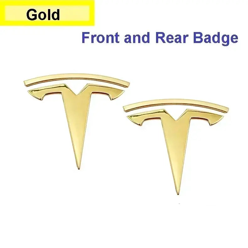 Tesla badge emblems, gold zinc alloy front and rear, 2 pcs for Model 3/Model Y, Simples Market