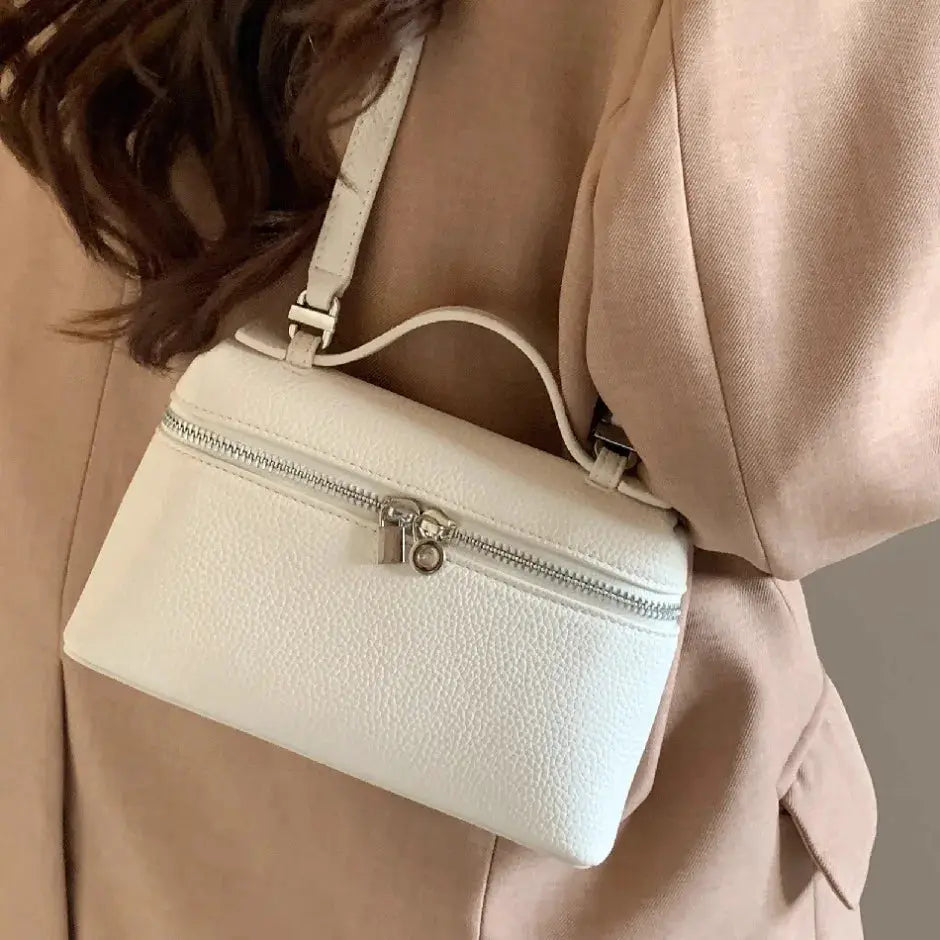 Simples Market white lychee-grain mini shoulder bag with crossbody strap and dual zipper lunch-box style