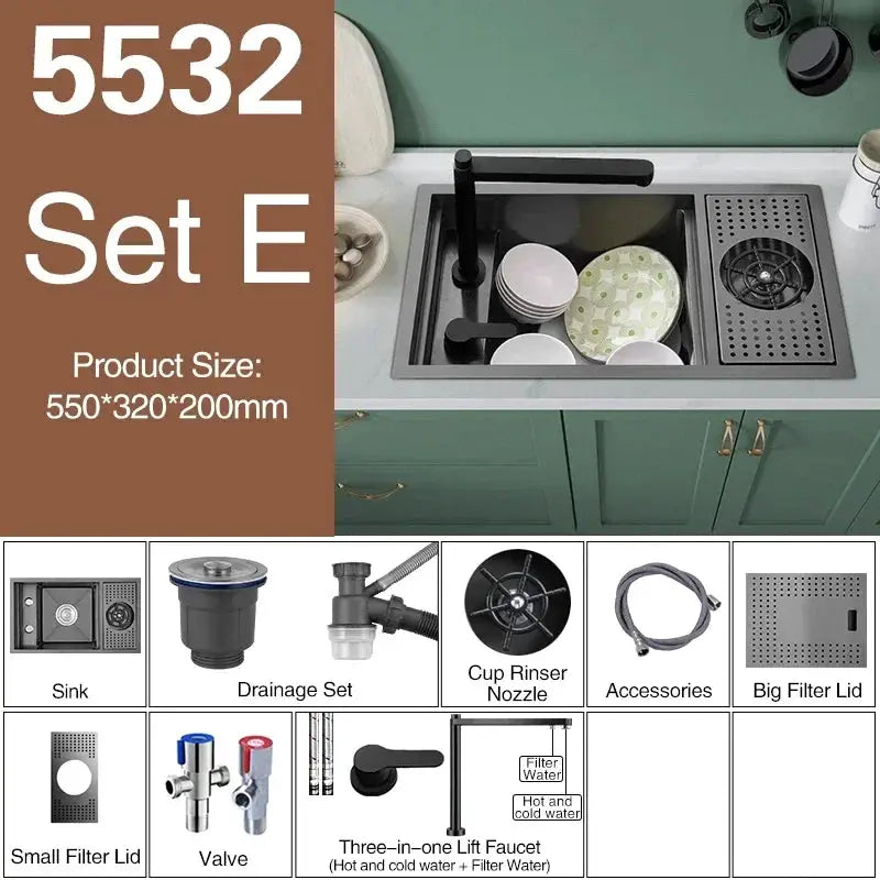 ASRAS Nano Black single-bowl kitchen sink set with lifting faucet and accessories by Simples Market