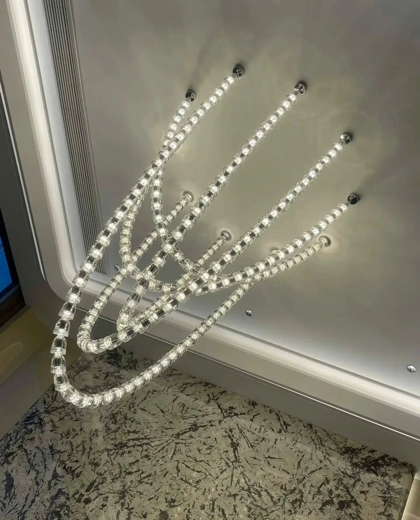 Simples Market necklace chandelier ceiling light with multi-strand clear crystal acrylic beads, adjustable length.