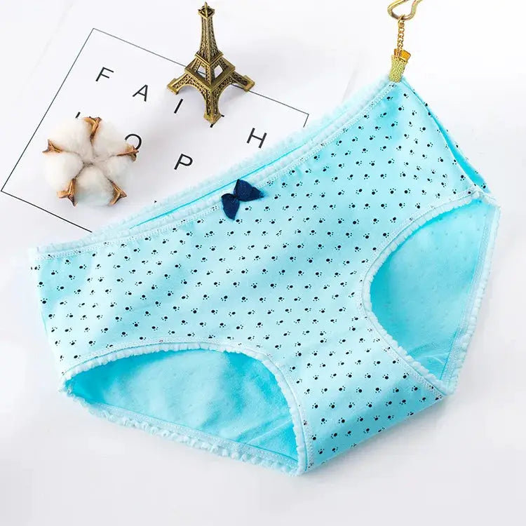 Women's cotton seamless panties in light blue with tiny dot print and bow detail