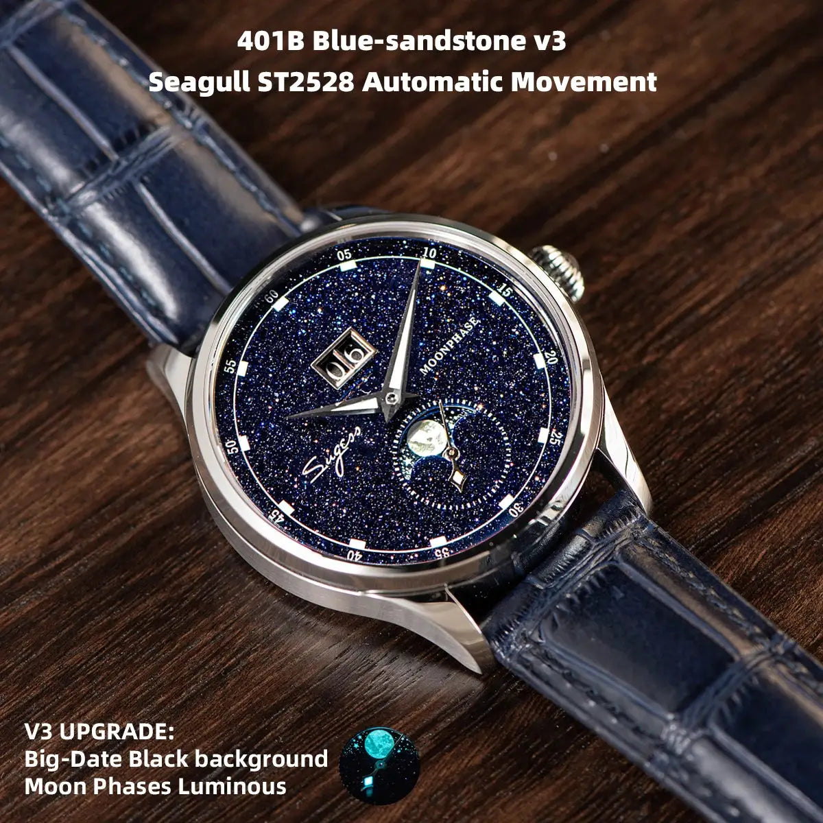 Sugess Moonphase men's 40mm automatic watch, stainless steel case, blue sandstone dial, blue leather strap