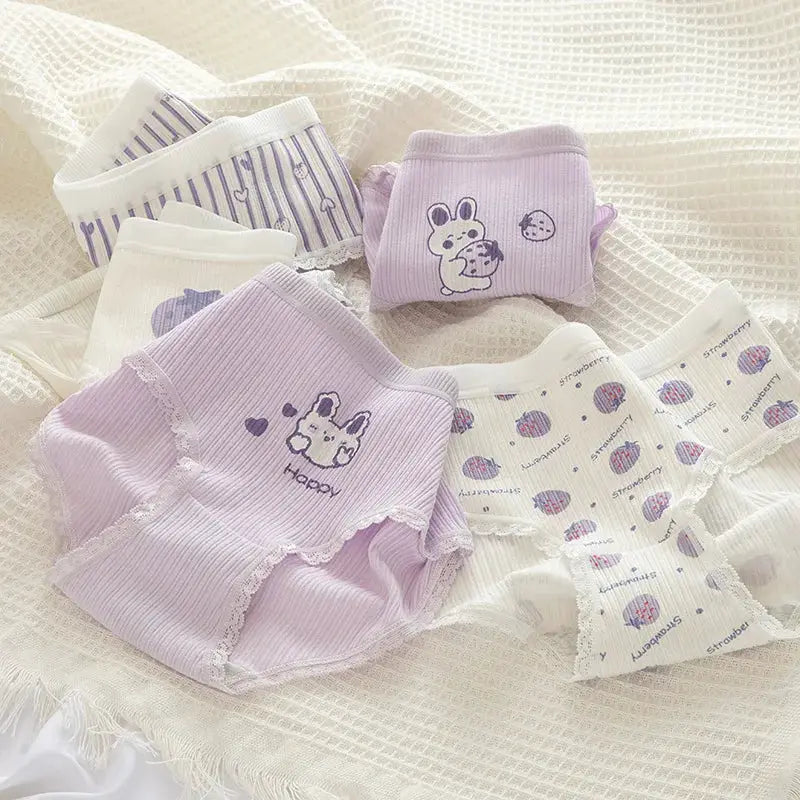 5-piece cotton panties for girls in pastel lilac and white with cartoon bunny and strawberry prints, mid-rise briefs