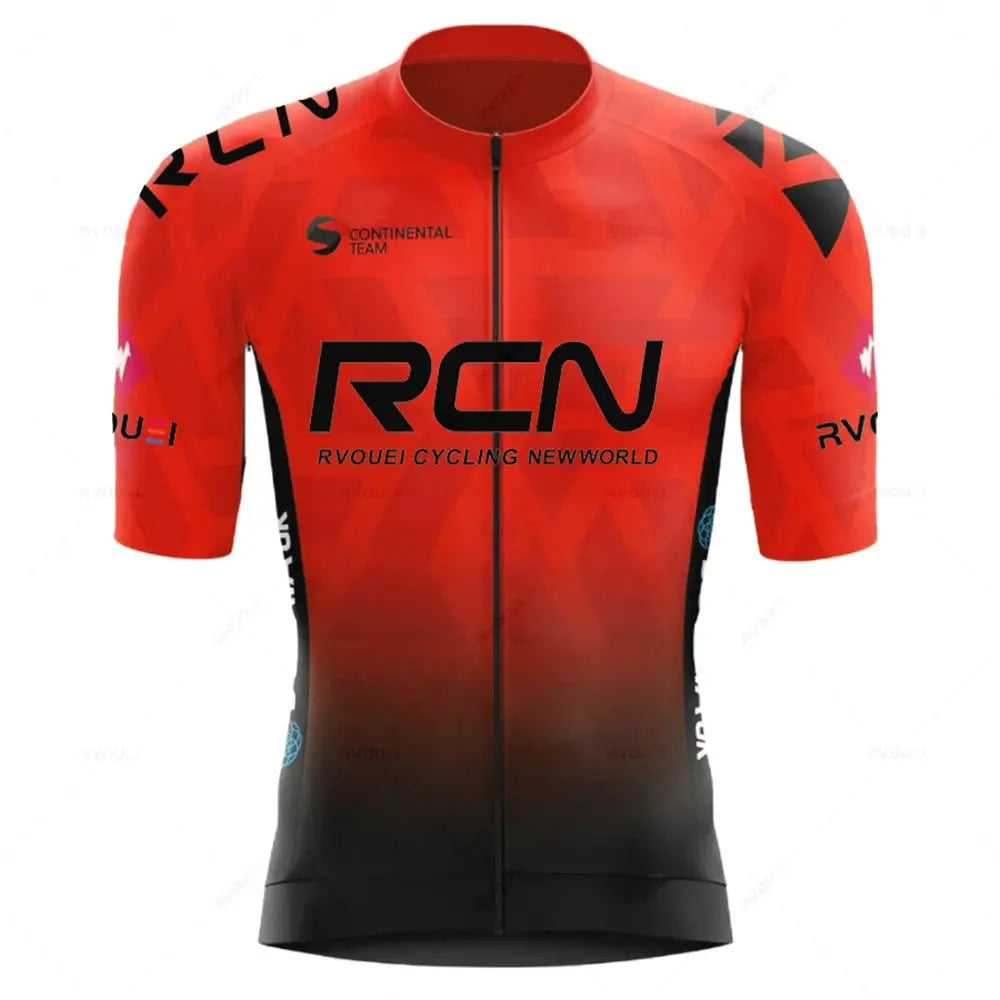 Rvouei cycling jersey set in red-to-black gradient with RCN logo, breathable road bike kit by Simples Market.