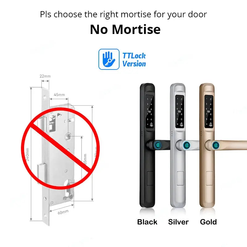Smart door lock by Simples Market, TTLock version, no-mortise design, fingerprint Bluetooth RFID, Black/Silver/Gold.