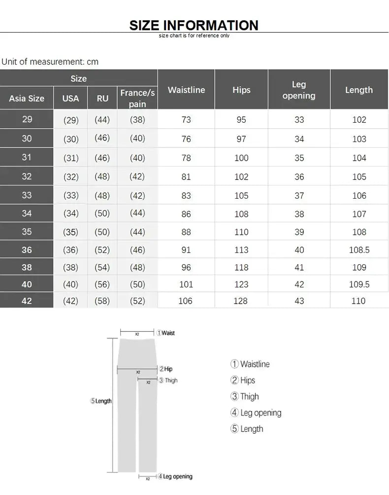 Men's gray elastic denim jeans by Simples Market, straight-leg cotton-stretch casual pants with size chart.