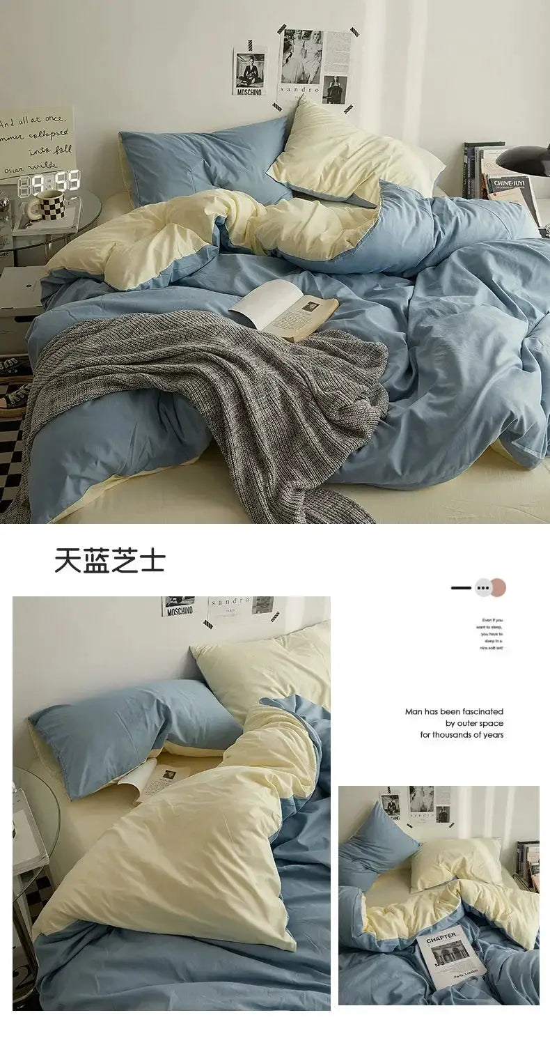 4-piece bedding set by Simples Market, solid color double-washed cotton in blue and cream for student dorm beds