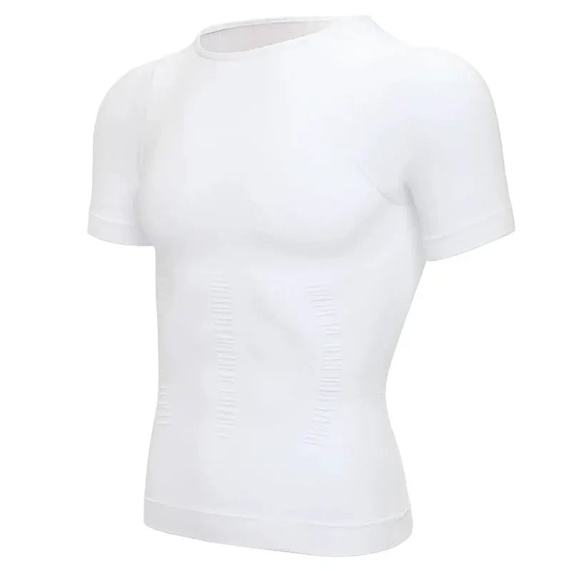 Men's white seamless compression shirt body shaper with torso shaping panels