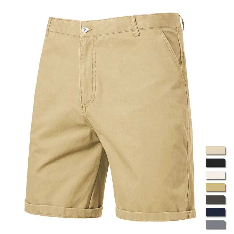 Men's cotton casual shorts in beige khaki with belt loops and front button closure